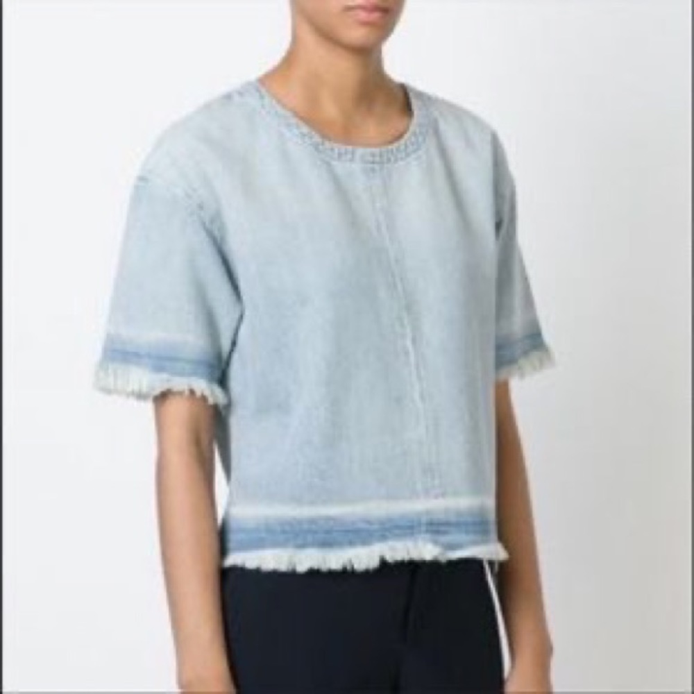 J Brand short sleeve Dallas denim tee released frayed hem crew neck light wash